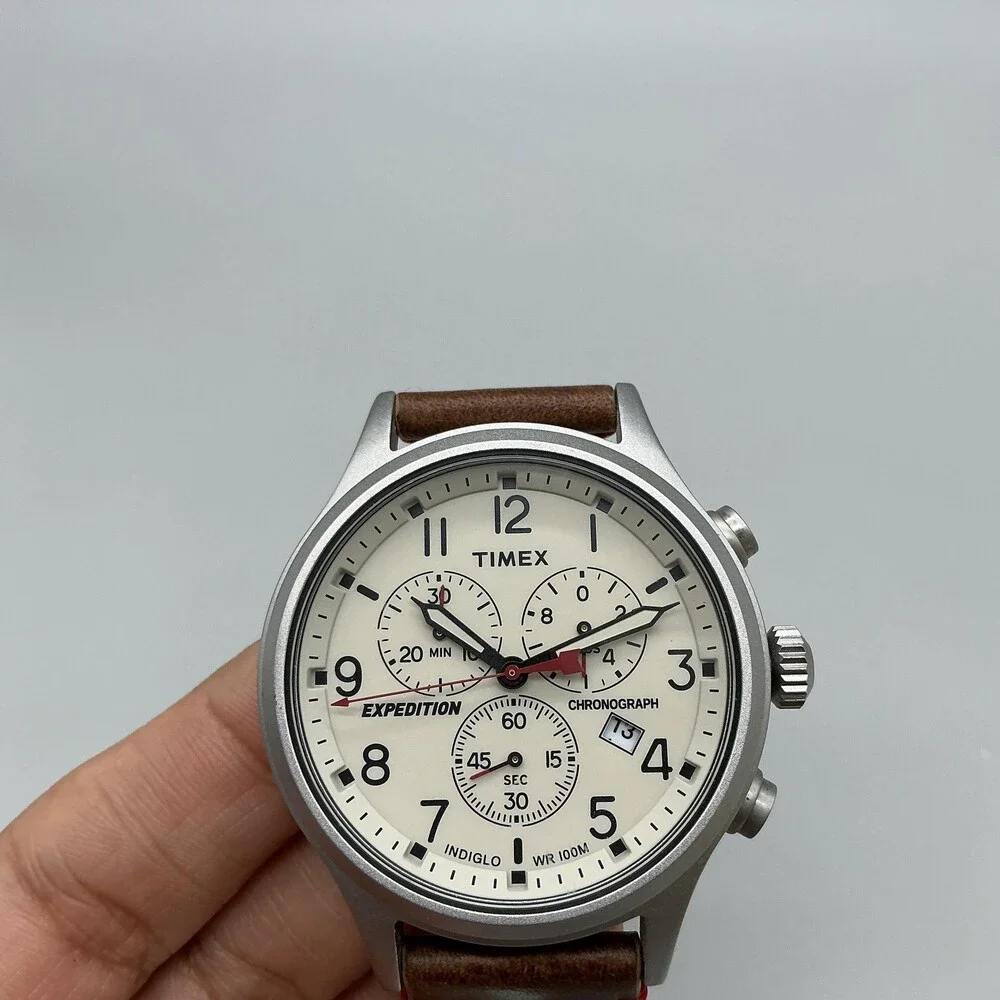Timex Expedition TW4B04300 Mens Watch 42mm Cream Dial Chronograph New Battery